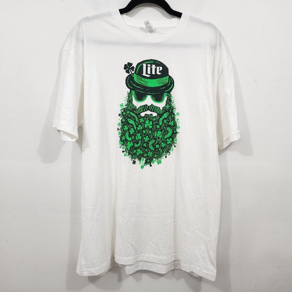 Miller Lite Green Lucky Bearded Man Mens T-shirt White Knit Short Sleeve Size XL